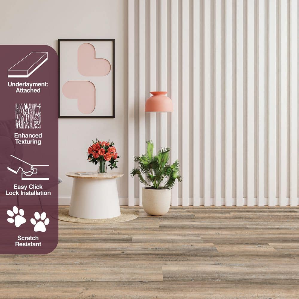 Home Decorators Collection Bonnyneck Oak 12 MIL x 7 in. W x 48 in. L Natural Brown Water Resistant Click Vinyl Plank Flooring 23.33 sq. ft./Case (4)