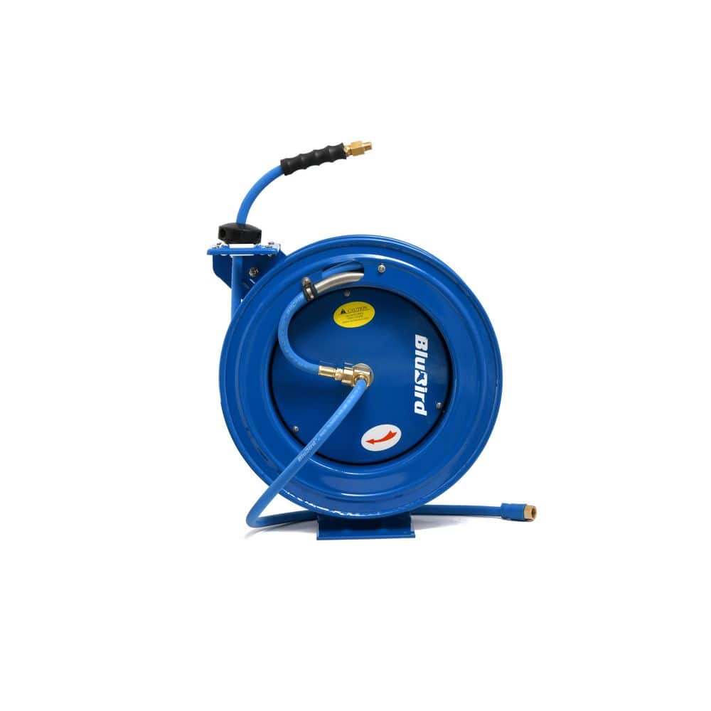 BLUBIRD 3/8 in. x 25 ft. Heavy Duty Rubber Air Hose and Single Arm Powder-Coated Steel Hose Reel