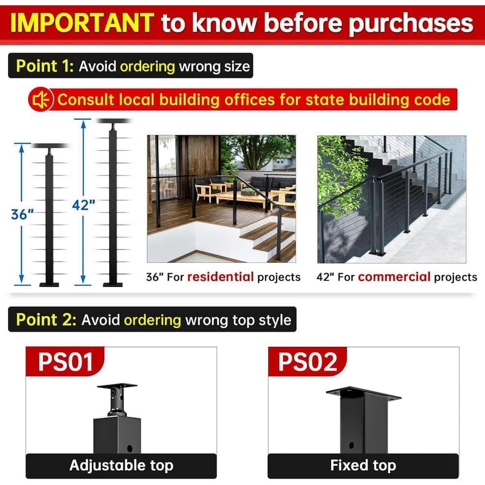 Afoxsos 36-Inch T304 Stainless Steel Cable Railing Post Black Level Drilled Surface Mount Indoor Outdoor Kit (2)