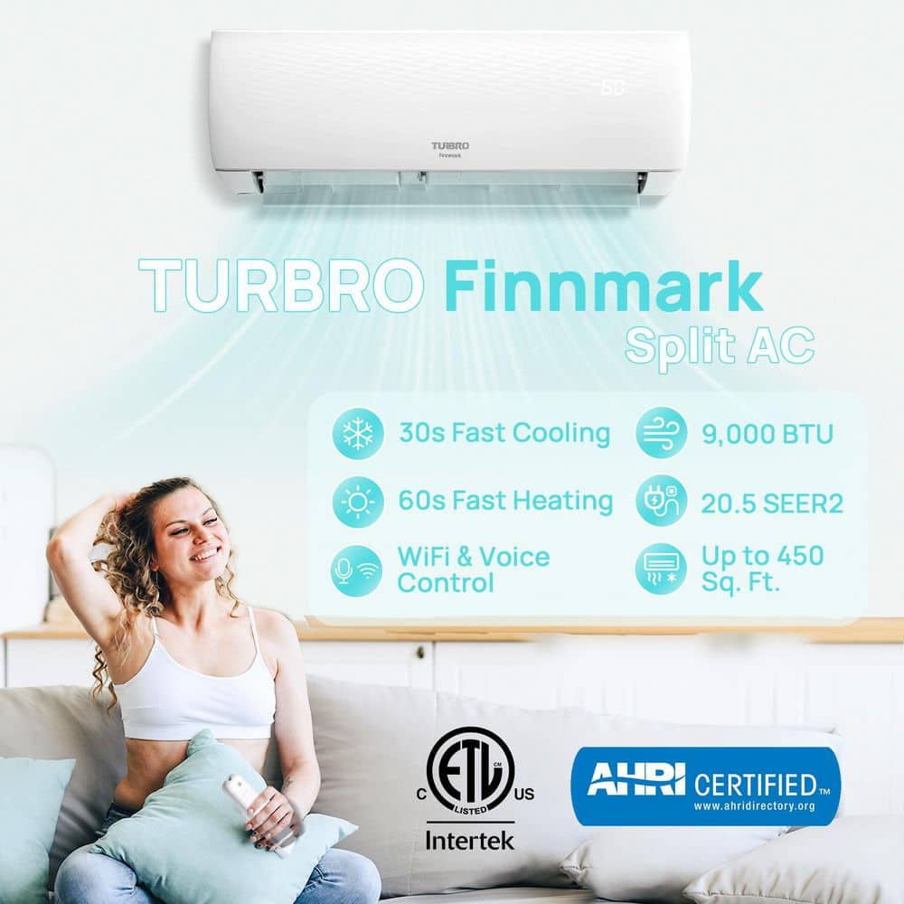 TURBRO Finnmark 9,000 BTU Ductless Mini Split Inverter AC with Heat Pump, 20.5 SEER2, V, WiFi, R32, Pre-Charged System,AHRI (4)