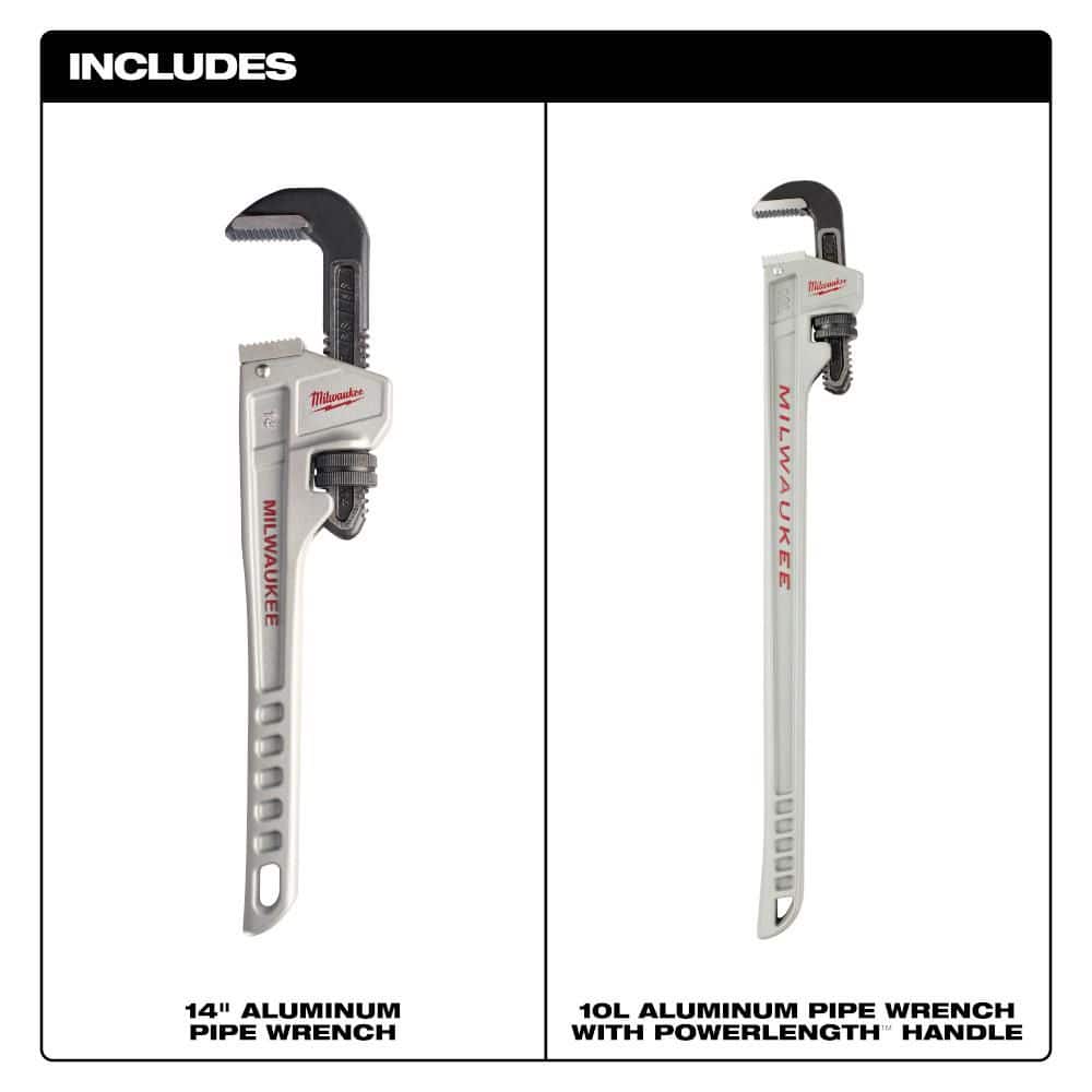Milwaukee 10 in. Long and 14 in. Aluminum Pipe Wrench with Power Length Handle (2-Piece) (2)