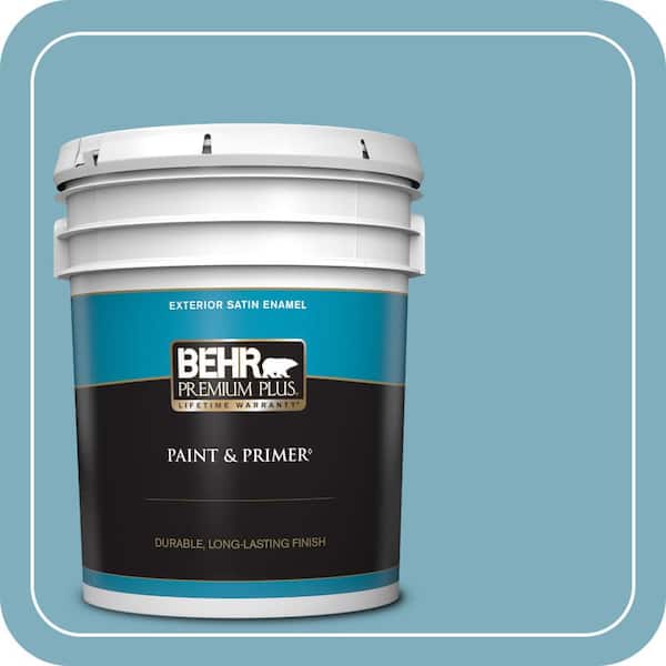 BEHR PREMIUM PLUS 5 gal. #PMD-83 Porcelain Blue Satin Enamel Exterior Paint & Primer (2)