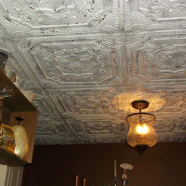 FROM PLAIN TO BEAUTIFUL IN HOURS Elizabethan Shield 2 ft. 2 ft. Decorative PVC Glue Up Faux Tin Ceiling Tile (40 sq. ft./case) (4)