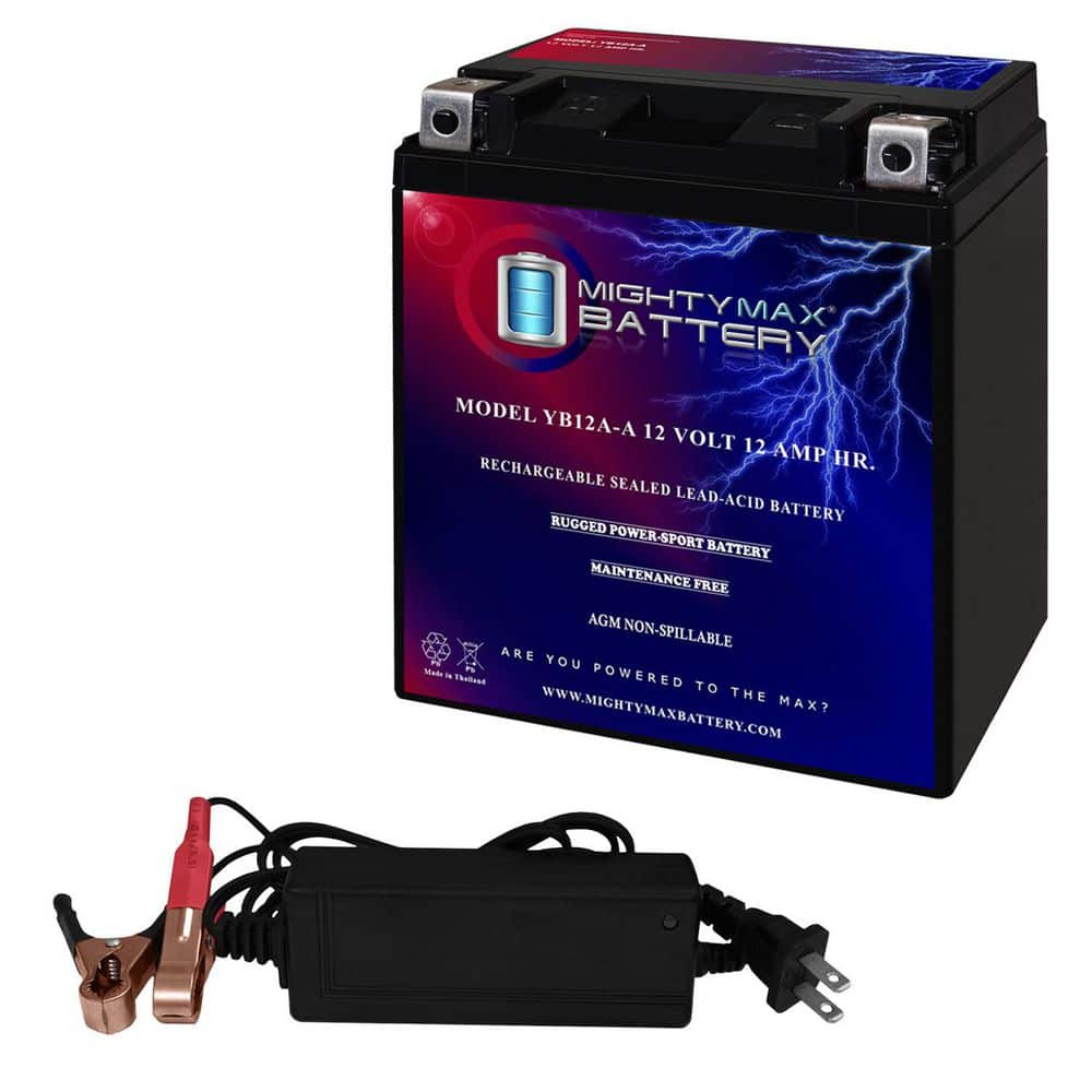 Mighty Max Battery YB12A-A -12 Volt 12 AH, 165 CCA, Rechargeable Maintenance Free SLA AGM Motorcycle Battery + 12V 2AMP Charger (1)