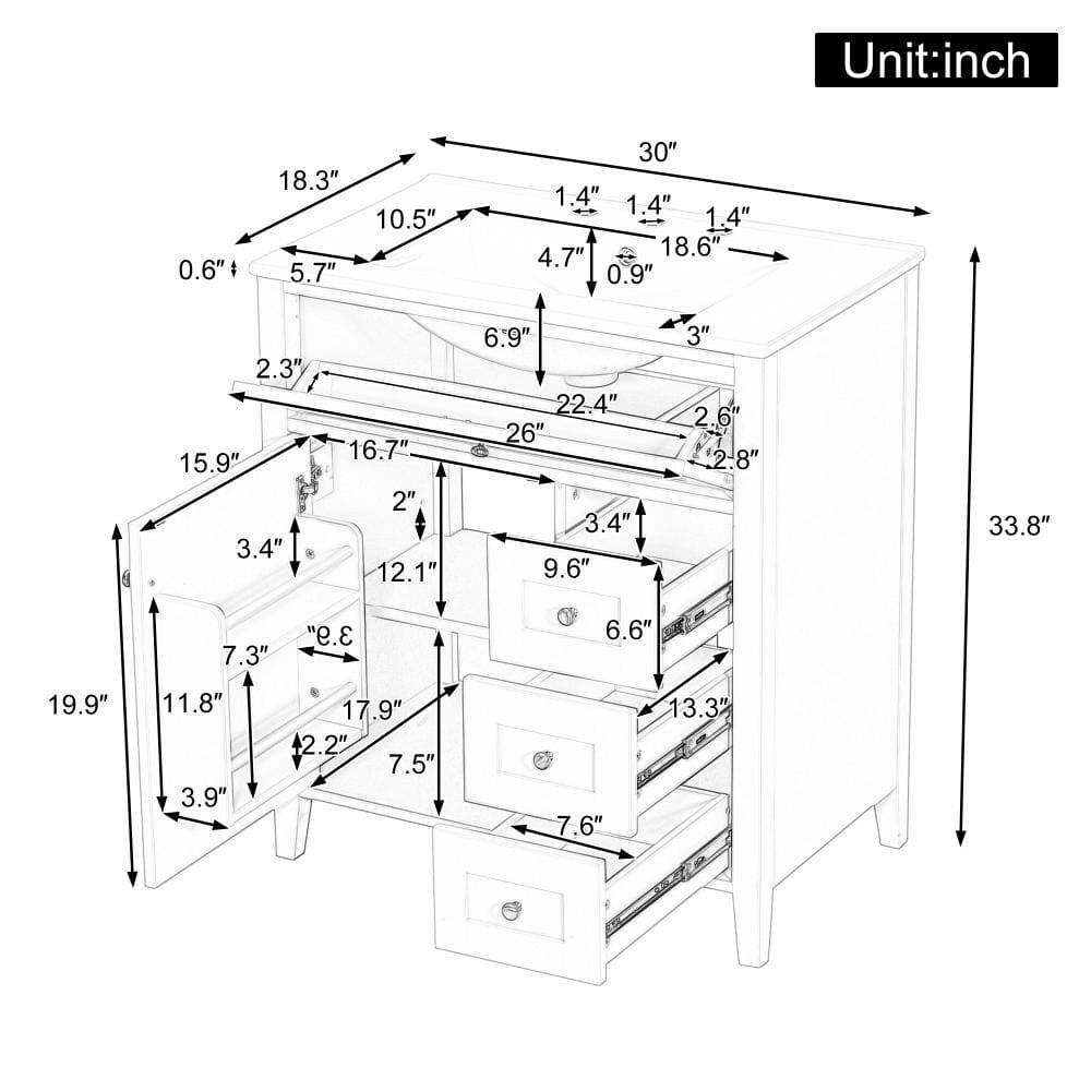 Unbranded 30-In Bathroom Vanity with Ceramic Sink, Freestanding Bathroom Vanity Cabinet with 3 Drawers, Bathroom Storage Vanity (2)