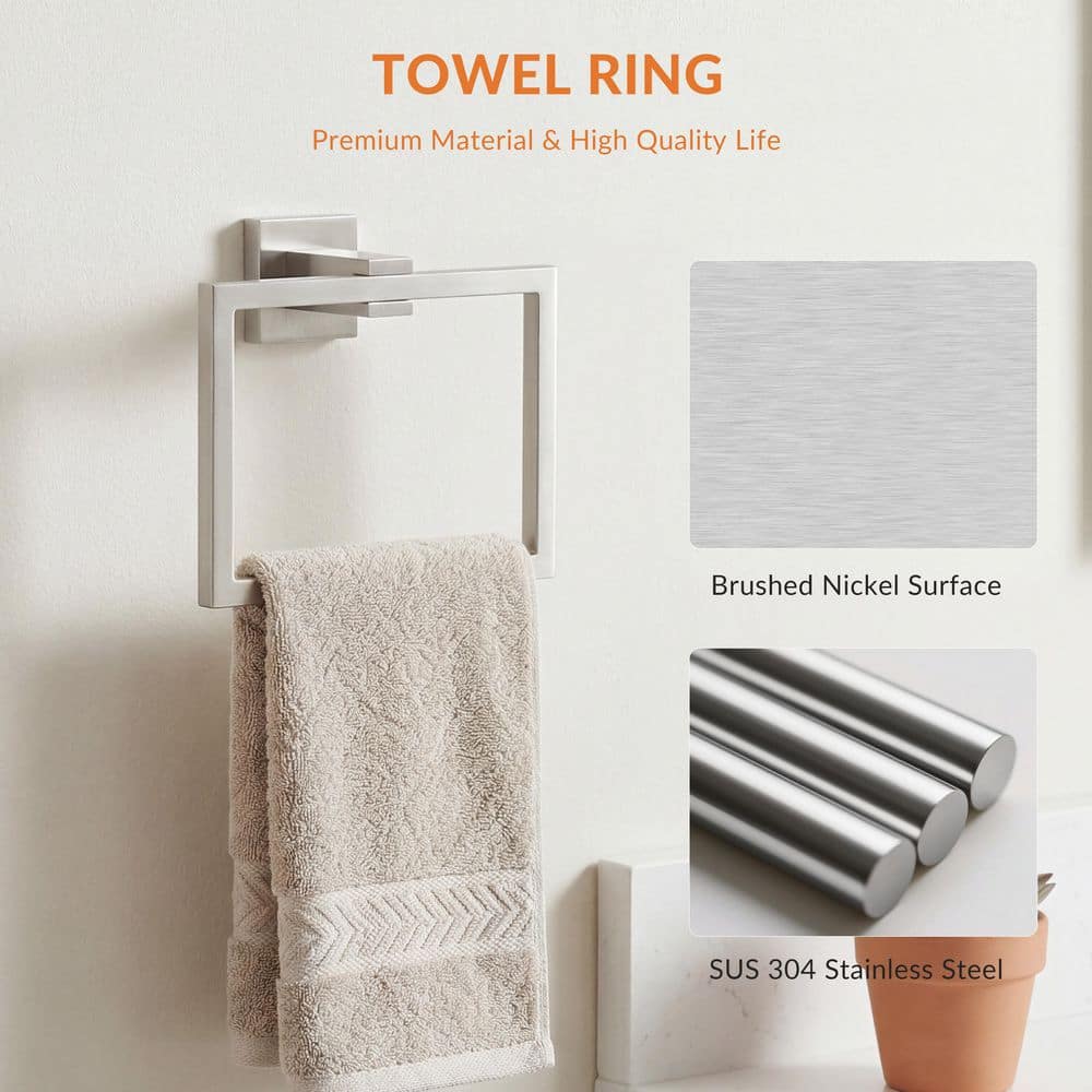 BWE Pieces Bathroom Hardware Accessories Set with Towel Holder, Roll Paper Holder, 2 Hooks, Towel Ring, Brushed (3)