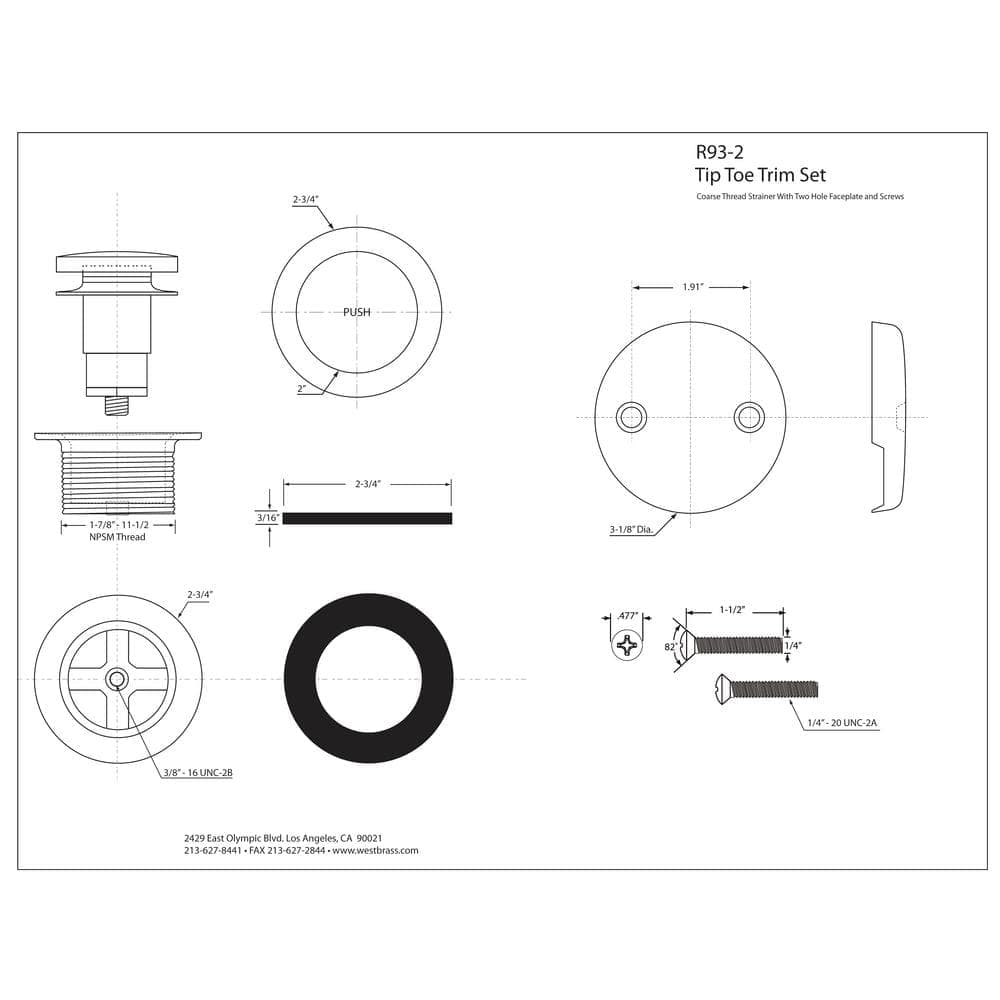 Westbrass 1-1/2 in. Tip-Toe Bathtub Drain Trim with Two-Hole Overflow Faceplate (4)
