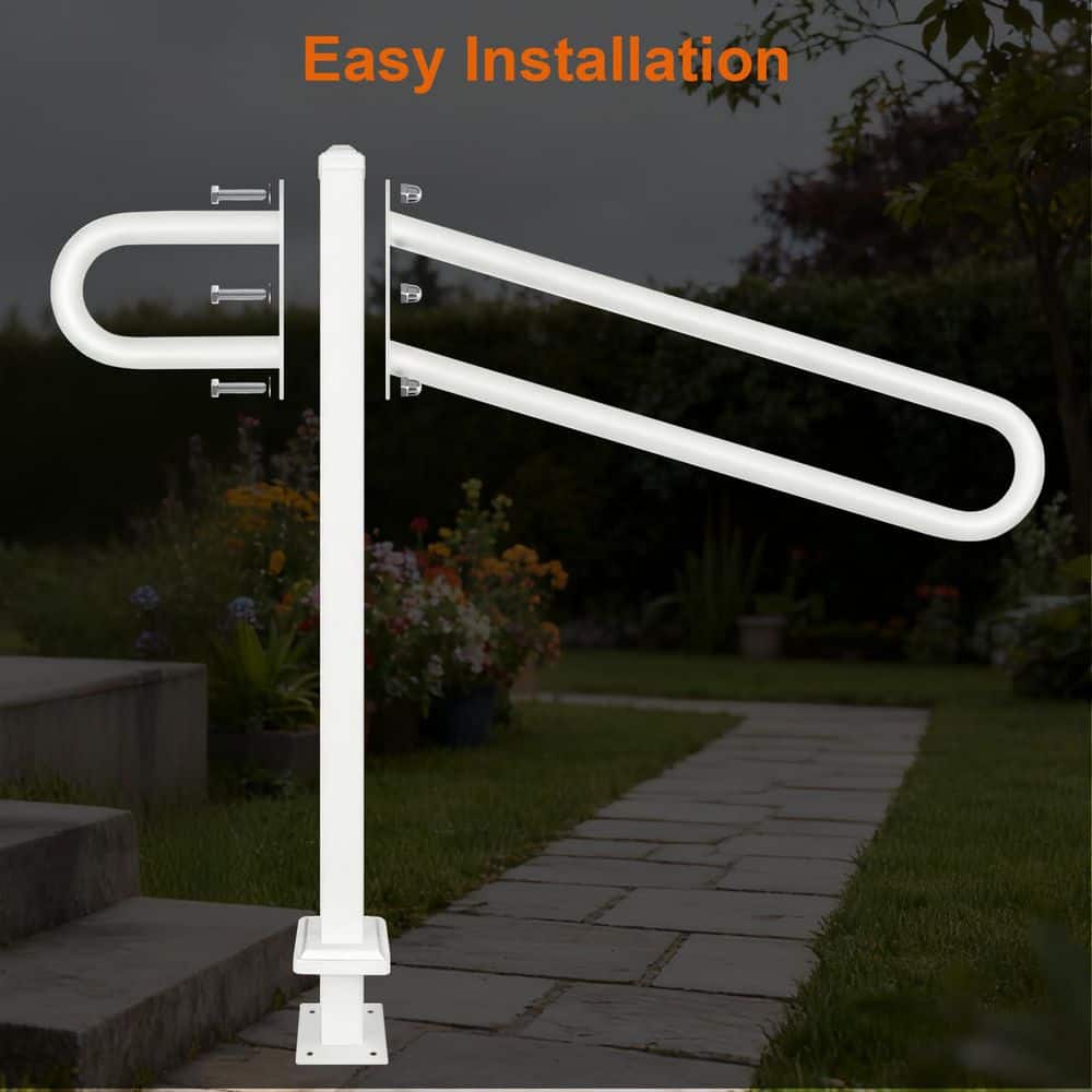 Unbranded 35.5 in. Iron Handrail for Outdoor 1-3 Steps Steps Porch Cable Railing System U-Shaped Dual-Level Design Sturdy Support (3)