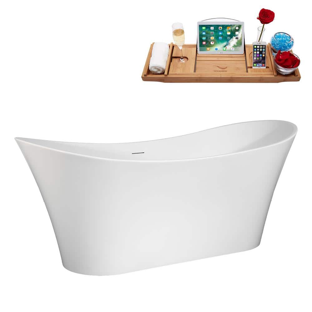 Streamline 67 in. x 31 in. Acrylic Freestanding Soaking Bathtub in Glossy White With Brushed Nickel Drain, Bamboo Tray (2)