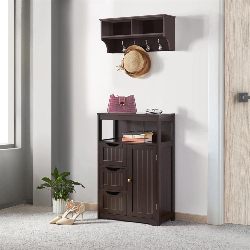 Cubilan 22 in. W 12 in. D 34 in. H Brown Bathroom Linen Cabinet Floor Cabinet with 3 Drawers and 1 Cupboard