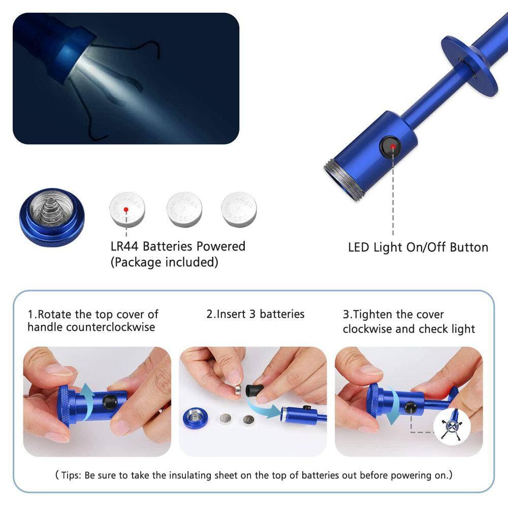 Misopily 28.34 in. Magnetic 4-Claw Grabber Tool Flexible Bendable Hose Reacher with LED Light Handy Sweeper Blue (2)