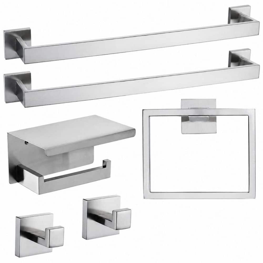 KHKFY Brushed Nickel 6-Piece Bathroom Hardware Set, Wall Mounted Stainless Steel with Double Towel Bar and Toilet Paper Holder (1)
