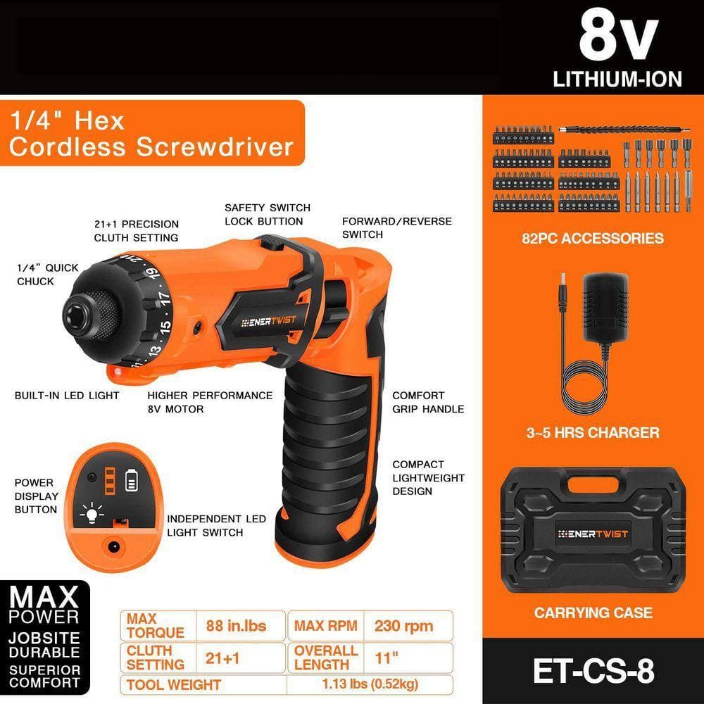 Angel Sar ET-CS-8 Cordless Screwdriver, 8V Max 10Nm Electric Screwdriver Rechargeable Set with 82 Accessory Kit (2)