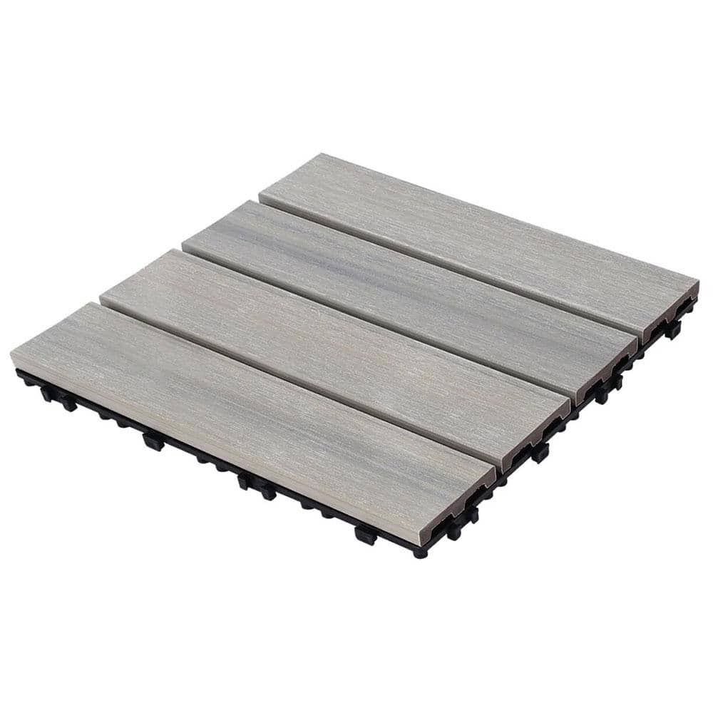 Afoxsos 1 ft. x 1 ft. Plastic Composite Interlocking Deck Tile Set, All-Weather Easy to DIY and Maintain, Light Grey (11-Pack) (1)