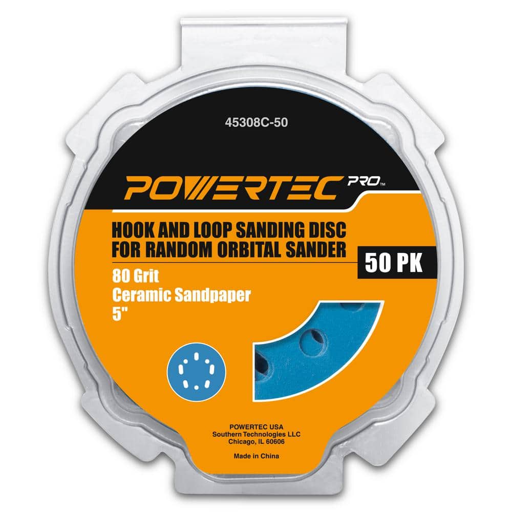 ‎POWERTEC 5 in. Sanding Discs Hook and Loop, 80 Grits, Ceramic Orbital Sander Sandpaper for Random Orbital Sanders (50-Pack) (1)