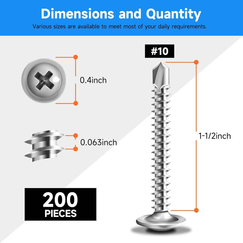 MarySino #10 x 1-1/2 in. 410-Stainless Steel Phillips Truss Head Self Drilling Sheet Metal Screw (200-Pack) (2)