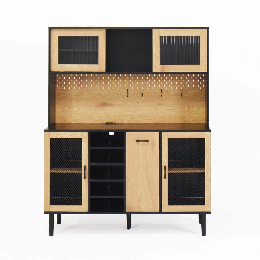Unbranded 47.2 in. W x 15.74 in. D x 59.1 in. H Black Buffet Linen Cabinet with Door Power Outlet and Wine Rack for Kitchen (1)
