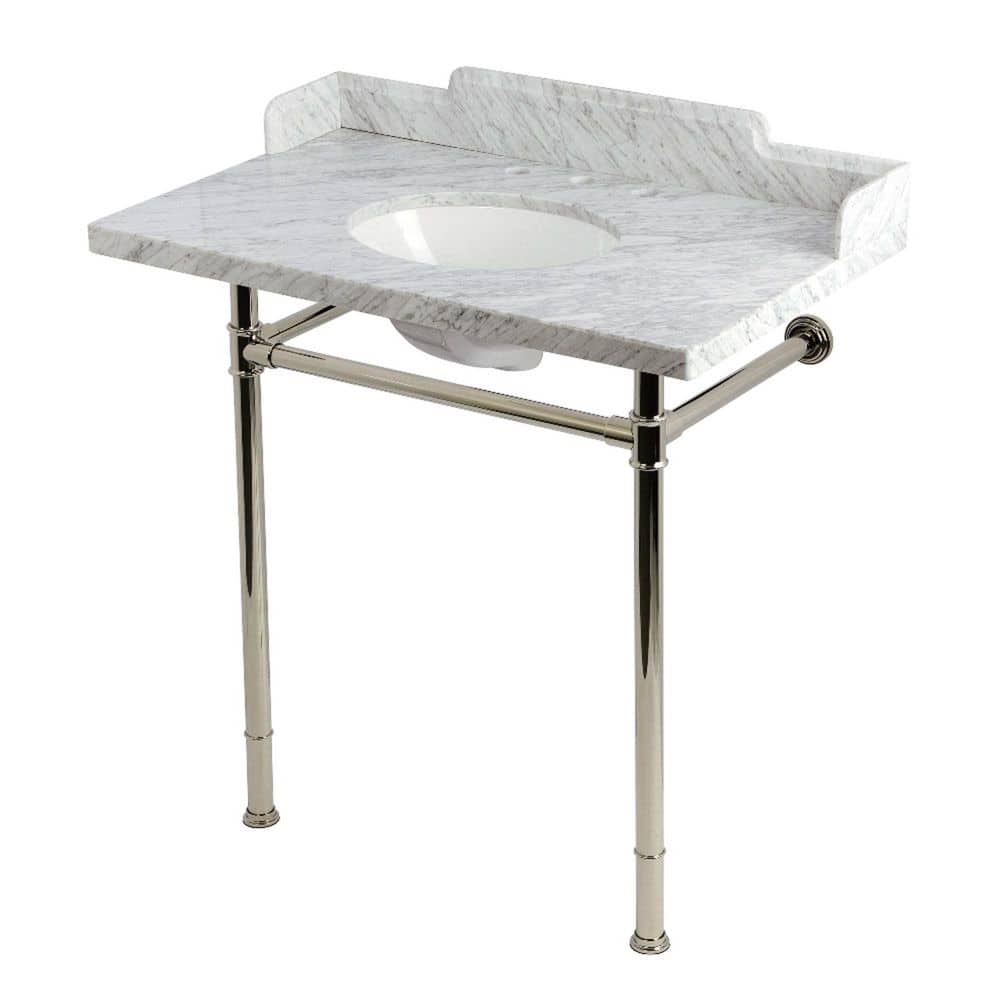 Kingston Brass Wesselman 36 in. x 22 in. Console Sink Combo in Carrara Marble White/Polished Nickel with Legs (1)