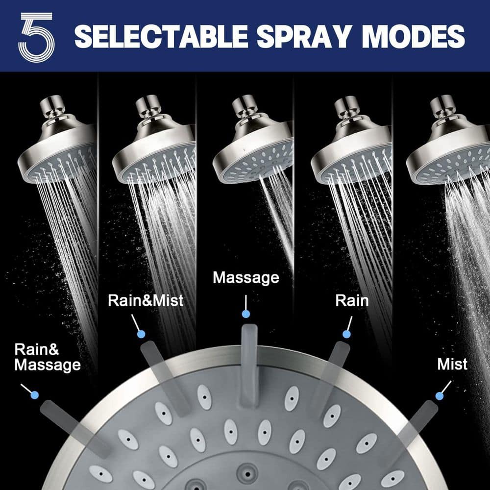 Wudkey High Flow High Pressure 1-Piece Fixed Shower Head with 5 Spray Modes & 66 Nozzles in Brushed Nickel (3)