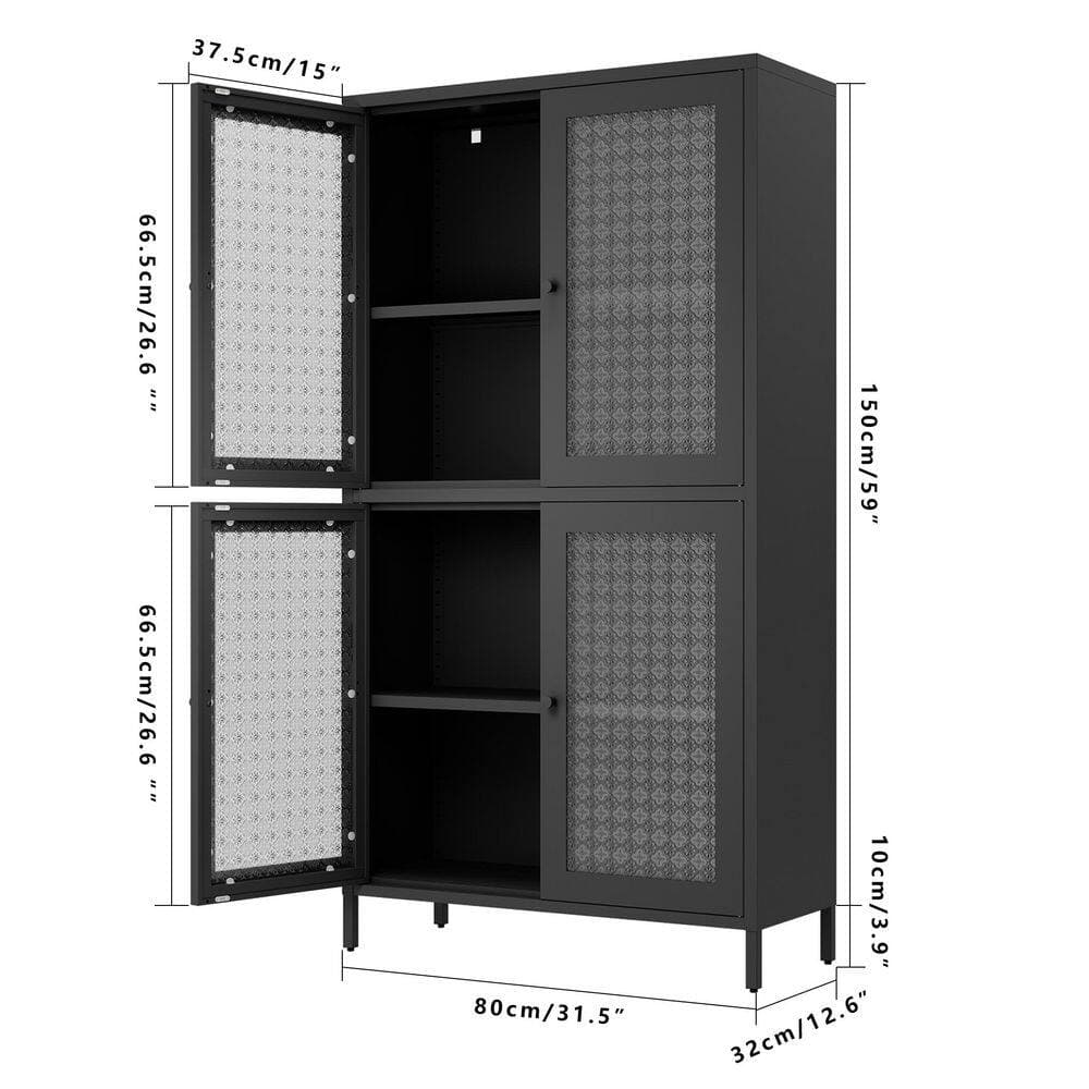 Tahanbath 13 in. W x 31 in. D x 59 in. H Black Steel Freestanding Linen Cabinet with 4-Glass Doors and 4-Shelves in Black (3)