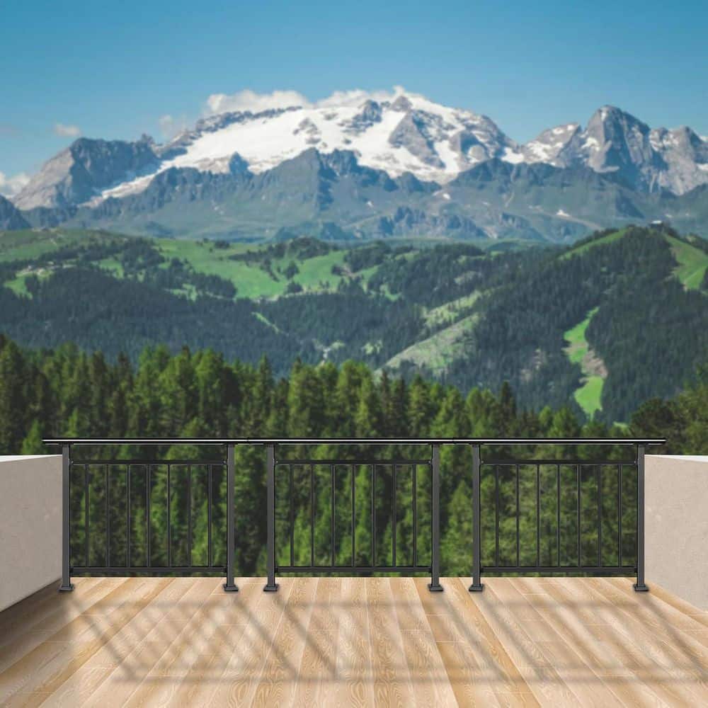 Afoxsos 4 ft. H Wrought Iron Outdoor Black Guard Rail Flat Hand Railing Kit for Porch Balcony Deck (2)