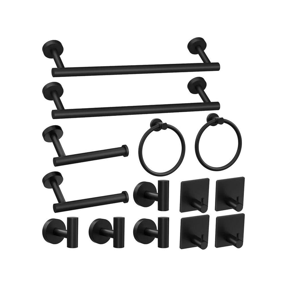 Lynzavix 14-Piece Bathroom Accessories Set with Towel Bar, Toilet Paper Holder, Towel Ring, Hooks in Matte Black Finish (1)
