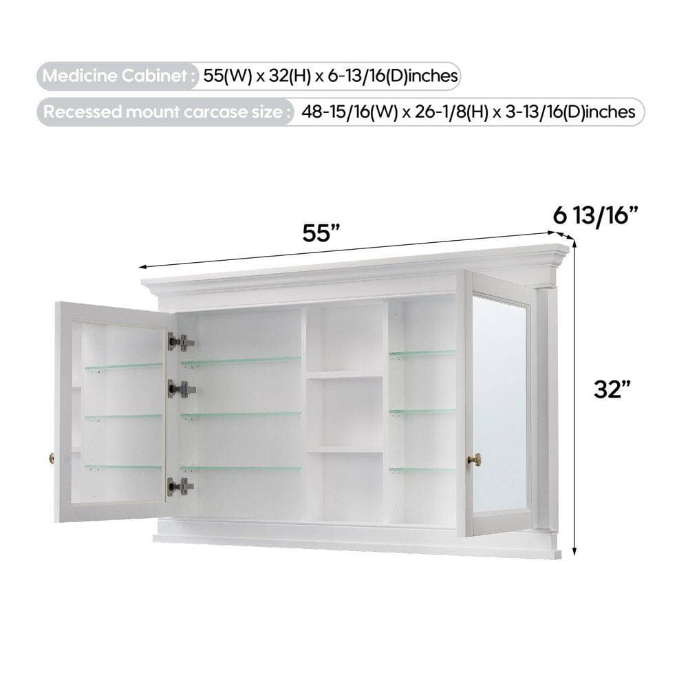 ANGELES HOME 55 in. W x 32 in. H Rectangular Real Wood Recessed Medicine Cabinet with Mirror, Soft-Close Door, Easy Hang, White (3)