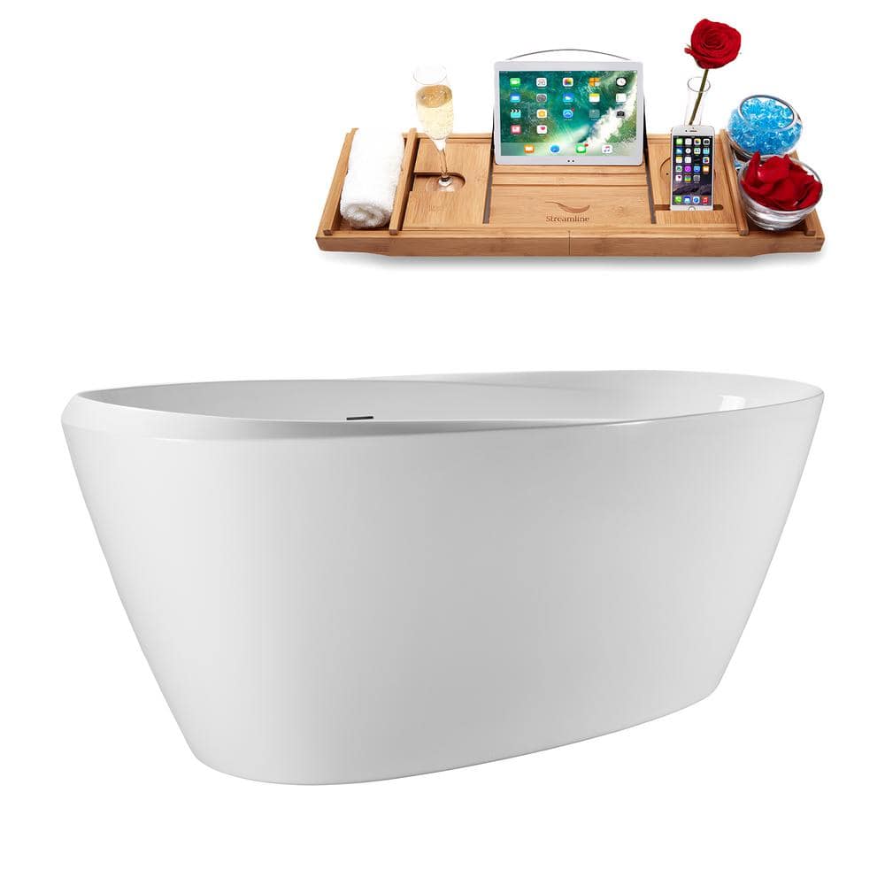 Streamline 67 in. x 30 in. Acrylic Freestanding Soaking Bathtub in Glossy White with Brushed Gold Drain, Bamboo Tray (2)