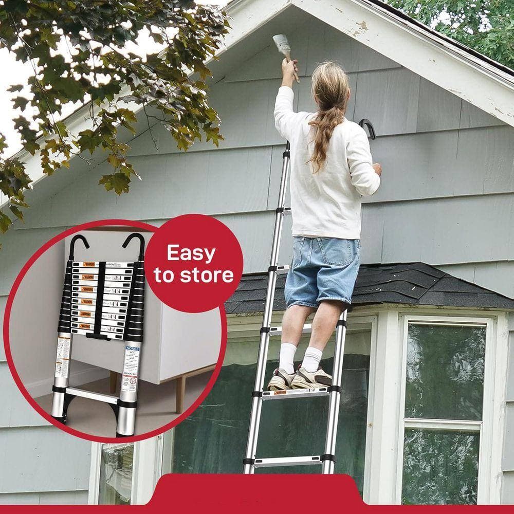 KIWDZFU 12.5 FT Aluminum Telescoping Ladder with Hooks, 330lbs Capacity, Multi-Purpose Collapsible Ladder (2)