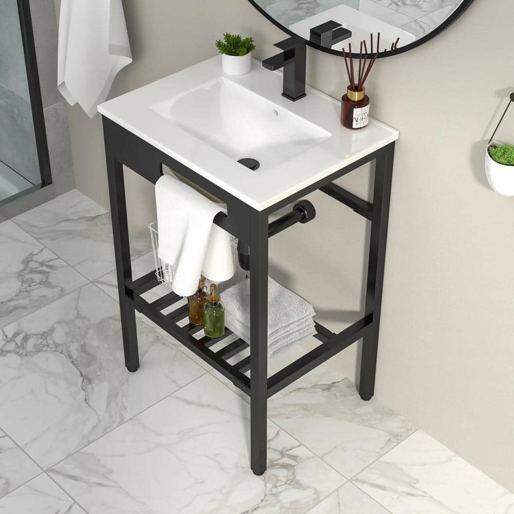 Logmey 24 in. Ceramic White Single Bowl Sink and Stainless Steel Base in Matte Black Combo with Overflow (3)