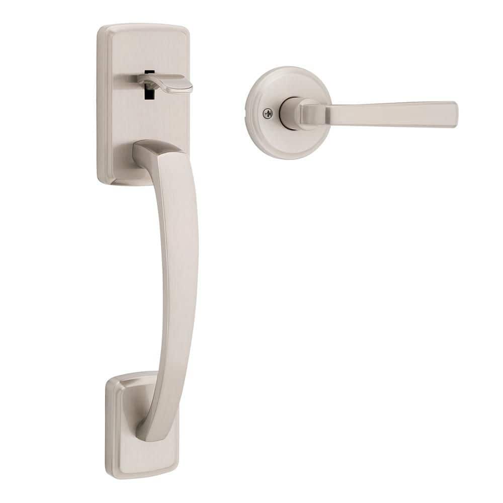 Kwikset Brentford Satin Nickel Exterior Grip Door Handleset with Trafford Door Handle with Microban Antimicrobial Technology