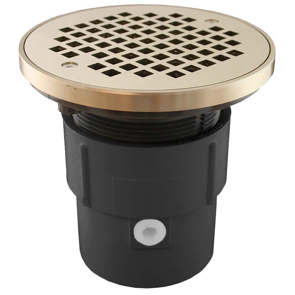 JONES STEPHENS 3 in. x 4 in. PVC Pipe Fit Drain Base with 3-1/2 in. IPS Plastic Spud and 6 in. Round Strainer with Ring, Nickel Bronze