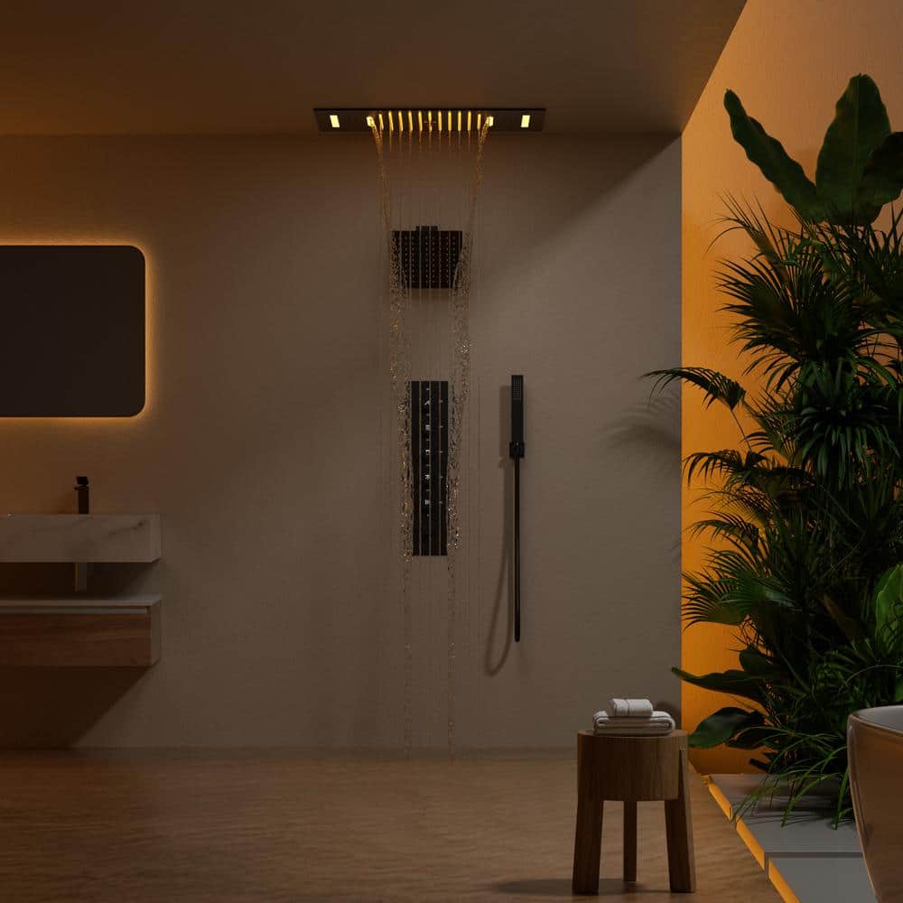 GRANDJOY Aurora LED Bluetooth 5-Spray Ceiling Mount 23 in. and 15 in. Fixed Shower 10 in. Shower Handheld 2.5 GPM in Matte Black (2)