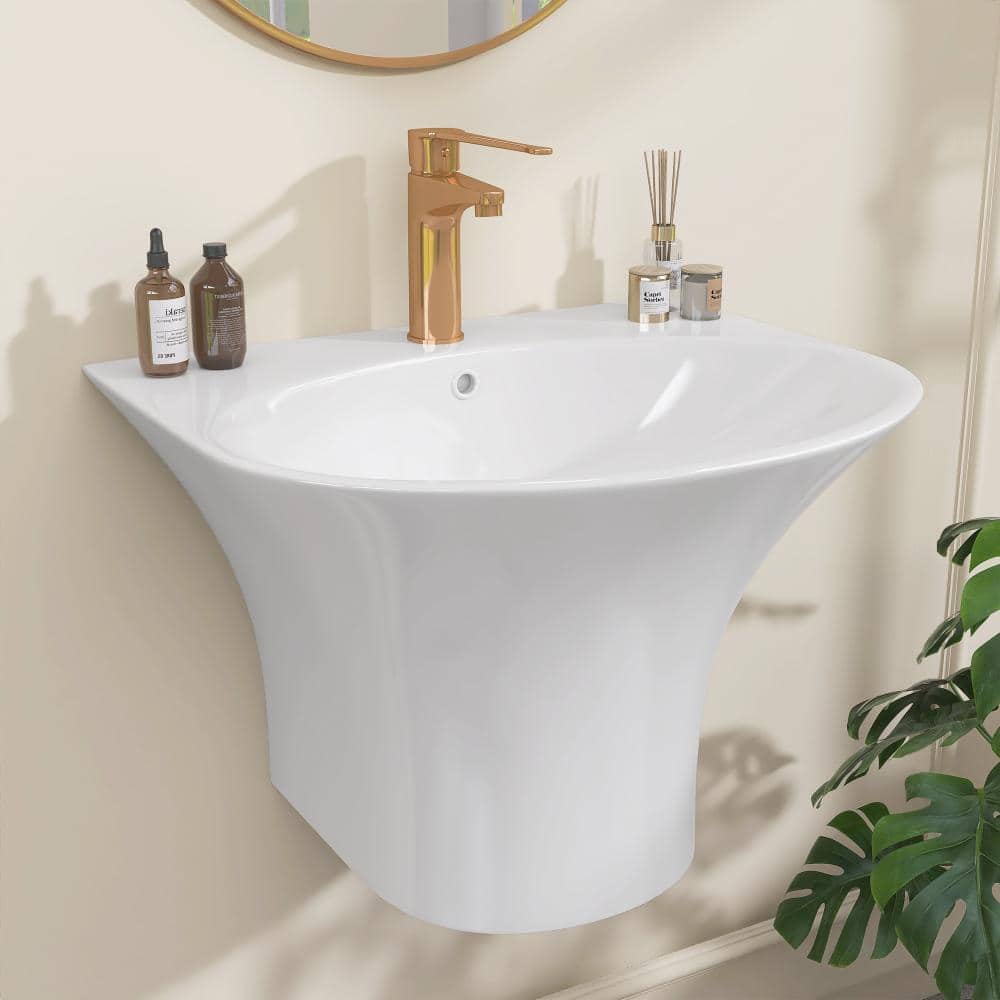 NTQ 22 x 21.6 x 5.3 in. U-Shape Ceramic Wall Mount Bathroom Sink Wall Hung with Center Faucet Hole in White (2)