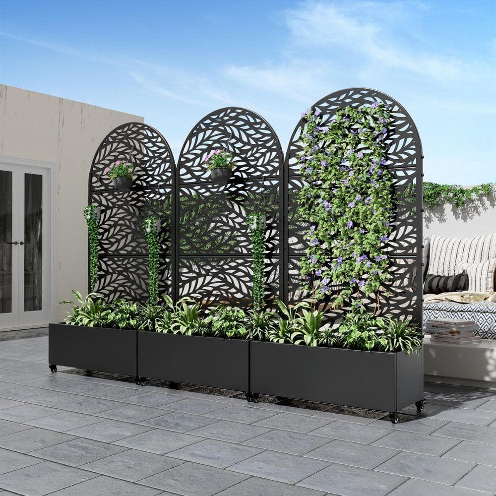 Lirago 72 in. H x 35 in. W Arch Black Outdoor Metal Privacy Screen Planter Box Wall Decor in Leaf Pattern (3)
