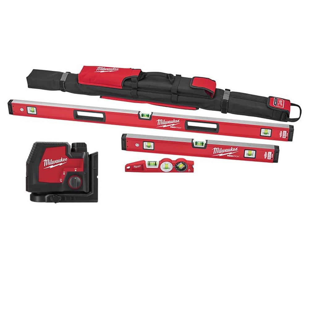 Milwaukee 10 in./24 in./48 in. REDSTICK Box Beam and Torpedo Level Set with Green 100 ft. Cross Line/Plumb Points Laser Level Set (1)