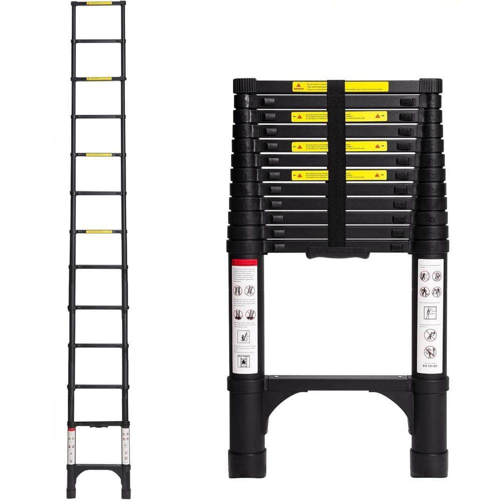 Unbranded 12.5 ft. Reach Aluminum Collapsible Telescoping Ladder with 2-Triangle Stabilizers, 330 lbs. Max Capacity