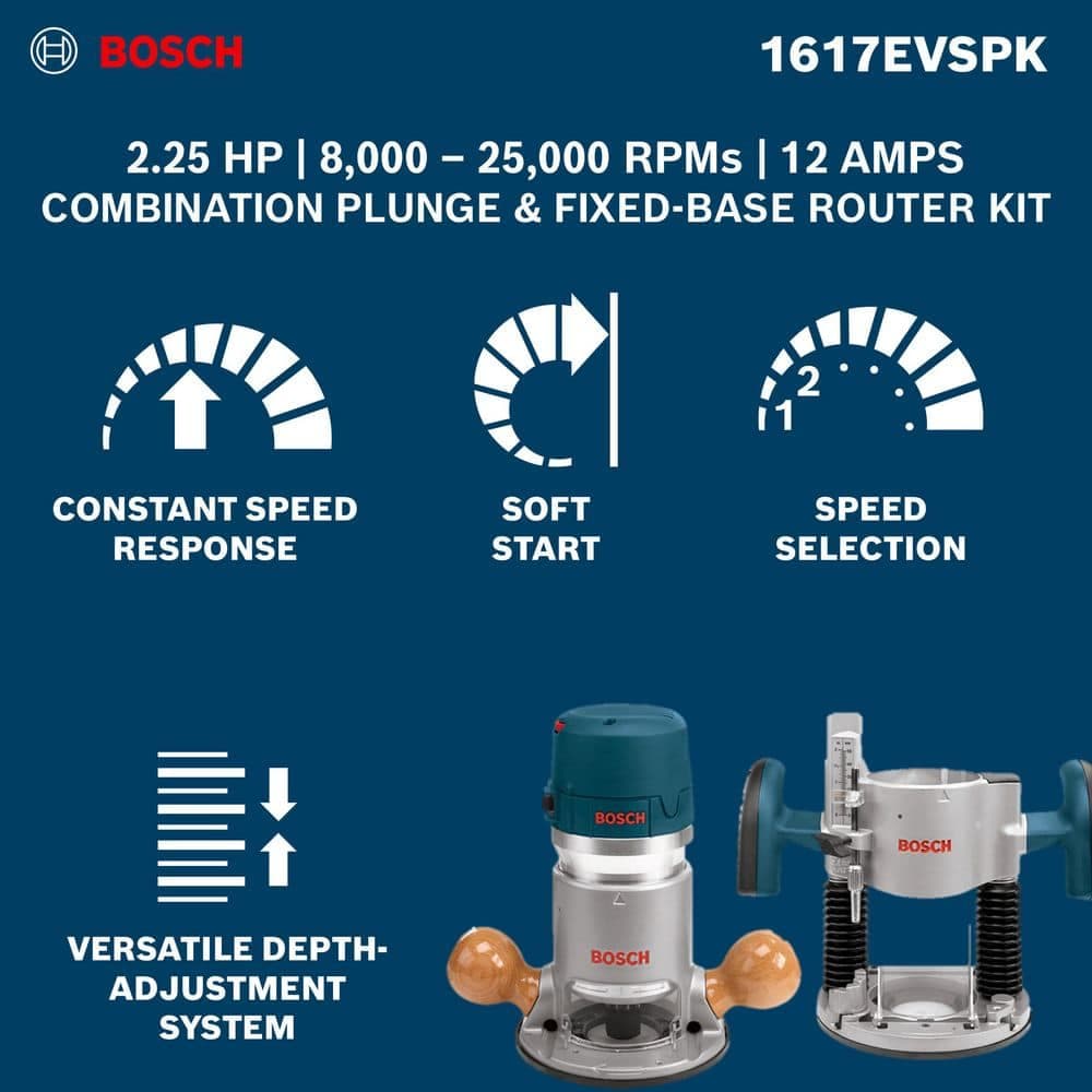 Bosch 12 Amp 2-1/4 Horse Power Corded Peak Variable Speed Plunge and Fixed Base Router Kit with Hard Case (2)
