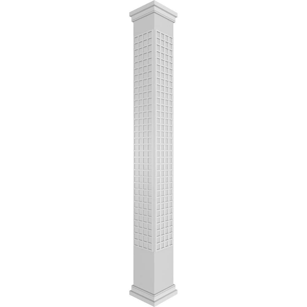 Ekena Millwork 9-5/8 in. x 8 ft. Premium Square Non-Tapered Manchester Fretwork PVC Column Wrap Kit with Prairie Capital and Base (1)