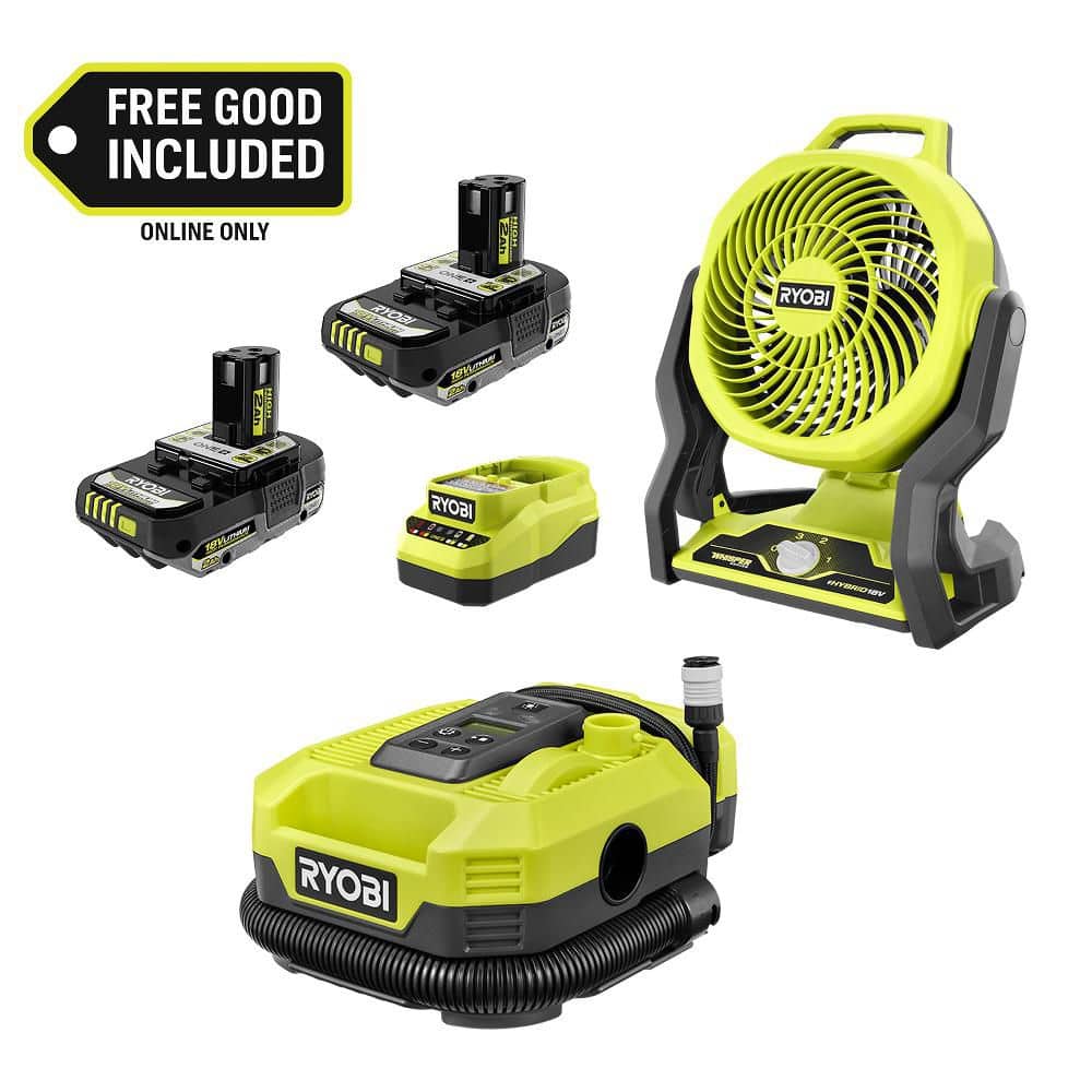 RYOBI ONE+ 18V Cordless Hybrid 7.5 in. Fan Kit w/ (2) 2Ah Batteries, Charger, w/ FREE ONE+ 18V Cordless Inflator/Deflator