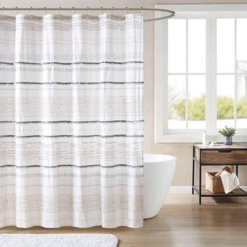 Afoxsos 72 in. W x 72 in. L Chic Cotton Printed Shower Curtain with Tassels and Boho Stripe Design in Off White Gray (3)