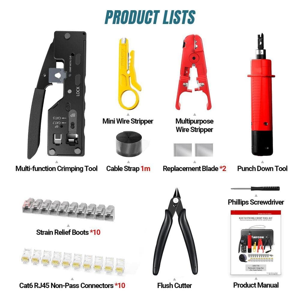 Unbranded Ethernet Crimping Tool Kit with RJ45/RJ11 Pass Through Punch Down Tool Wire Stripper for Cat7/6A/6/5E/5 Kit (2)