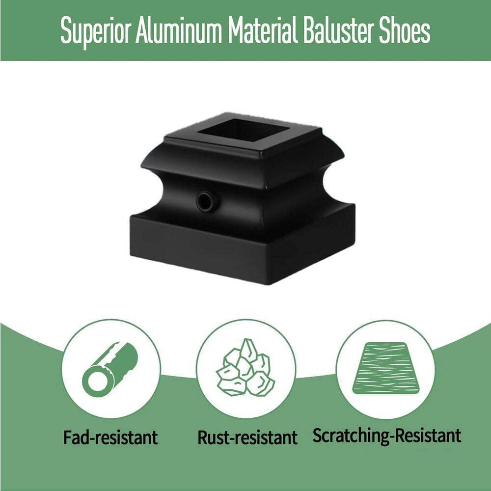 Afoxsos 1 in. H x 1 in. W Satin Black Aluminum Stair Railing Kit for 1/2 in. Square Baluster Shoes with Stylish Design (3)