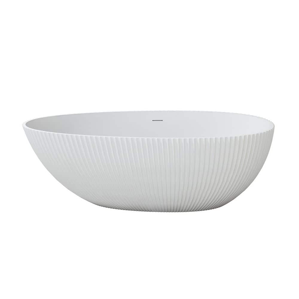 VANITYFUS 65.35 in. x 31.89 in. Solid Surface Egg Shape Freestanding Bathub in White with Center Drain (1)
