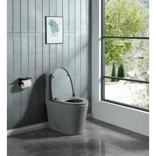 Anqtovp 1-Piece 1.1/1.6 GPF Dual-Flush Elongated Toilet with Comfort Height and Soft-Close Seat in Gray Seat Included (2)