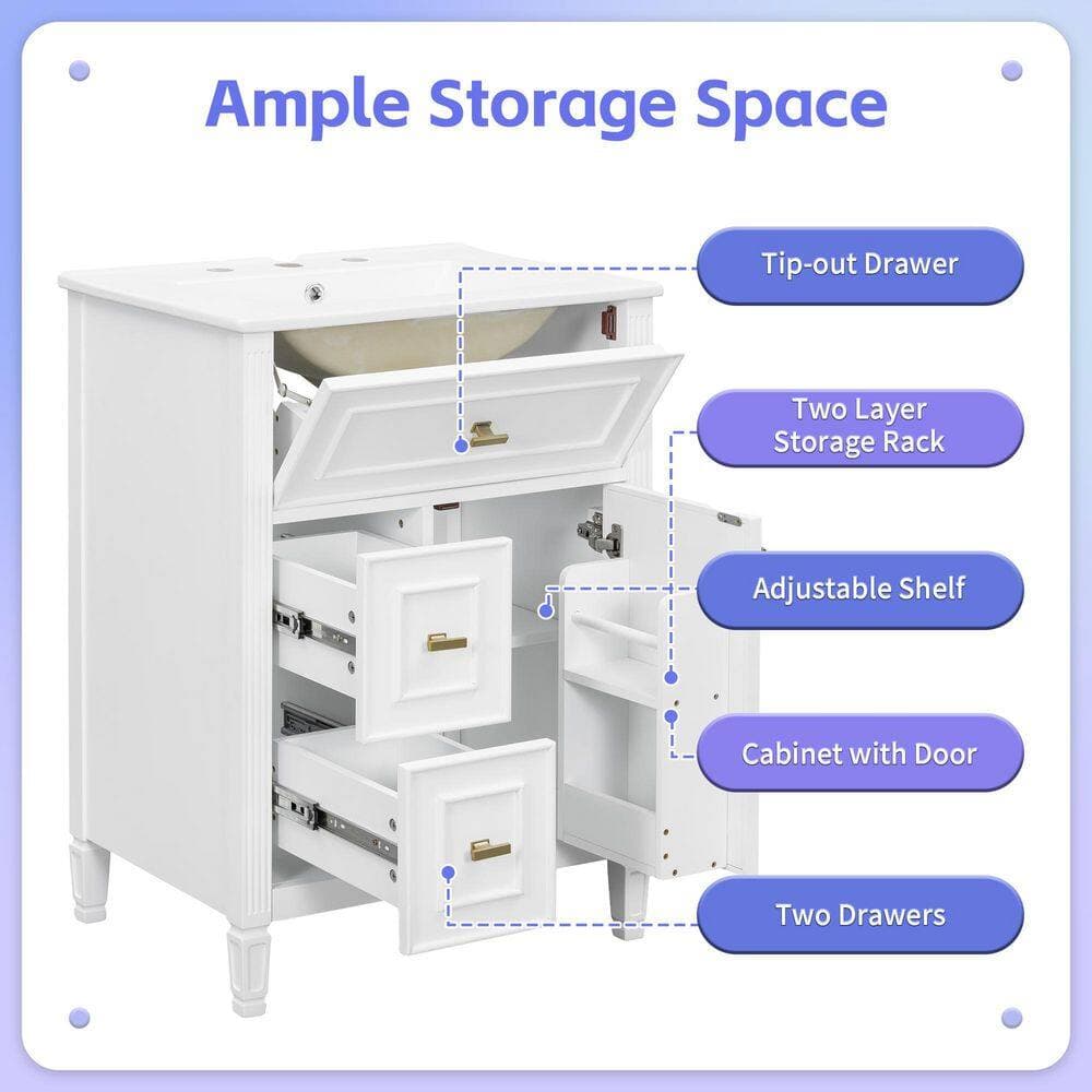 Lycvki 24 in. Undermount Bathroom Sink in White with One Flip Drawer and 2-Drawers, Adjustable Shelf (2)
