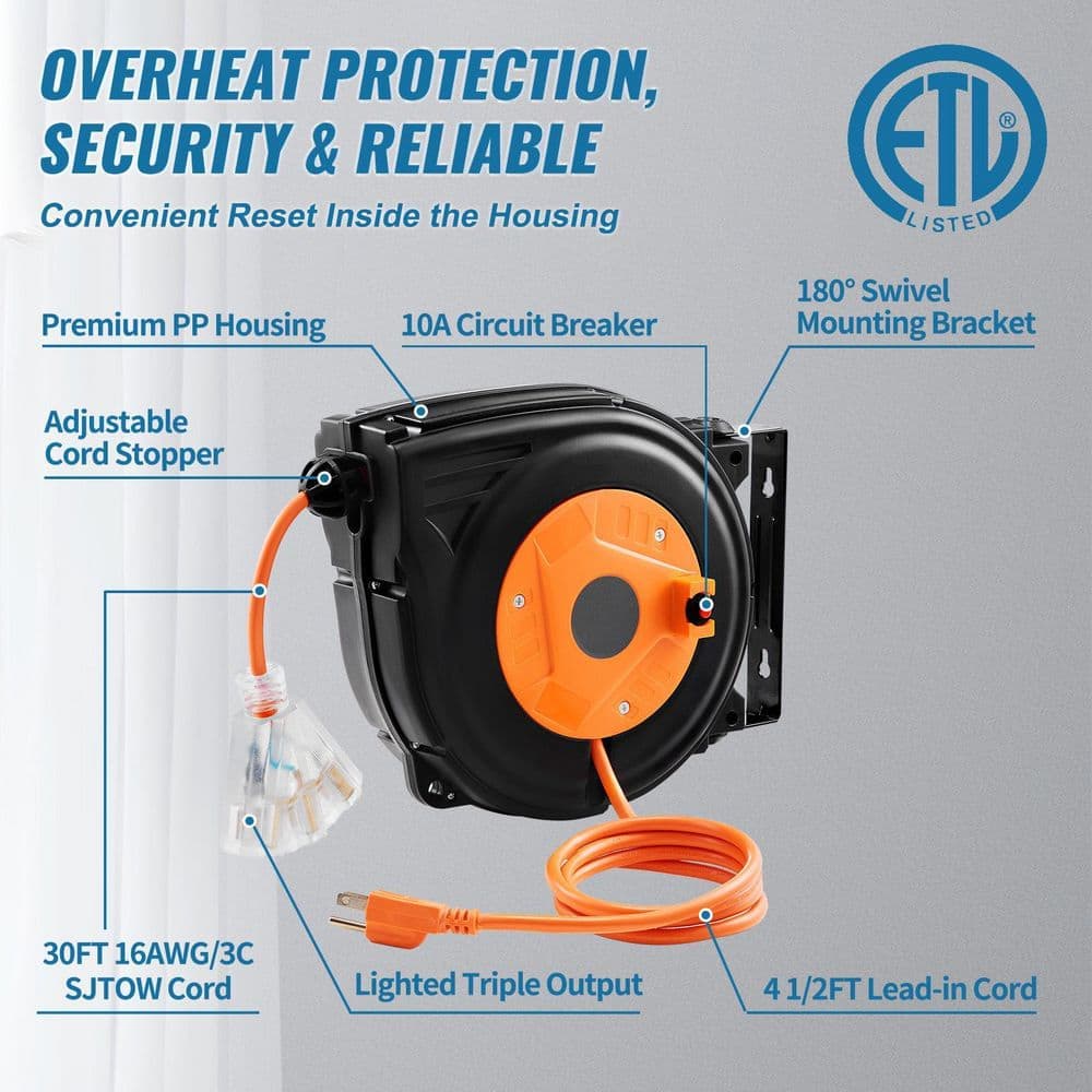 SKYSHALO 30 ft. 16 Gauges / 3-Conductors, 10 Amp Retractable Extension Cord Reel with 3-Outlets, 16AWG/3C SJTOW Power Cord (2)