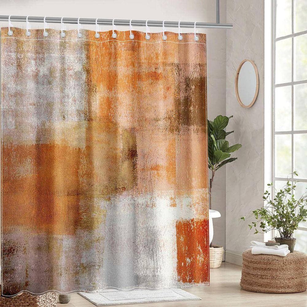 JFVKAF Abstract Art Shower Curtain 72 x 72 in. Orange and Grey Painting Bathroom Bathtub Curtain with 12 Hooks Polyester (3)