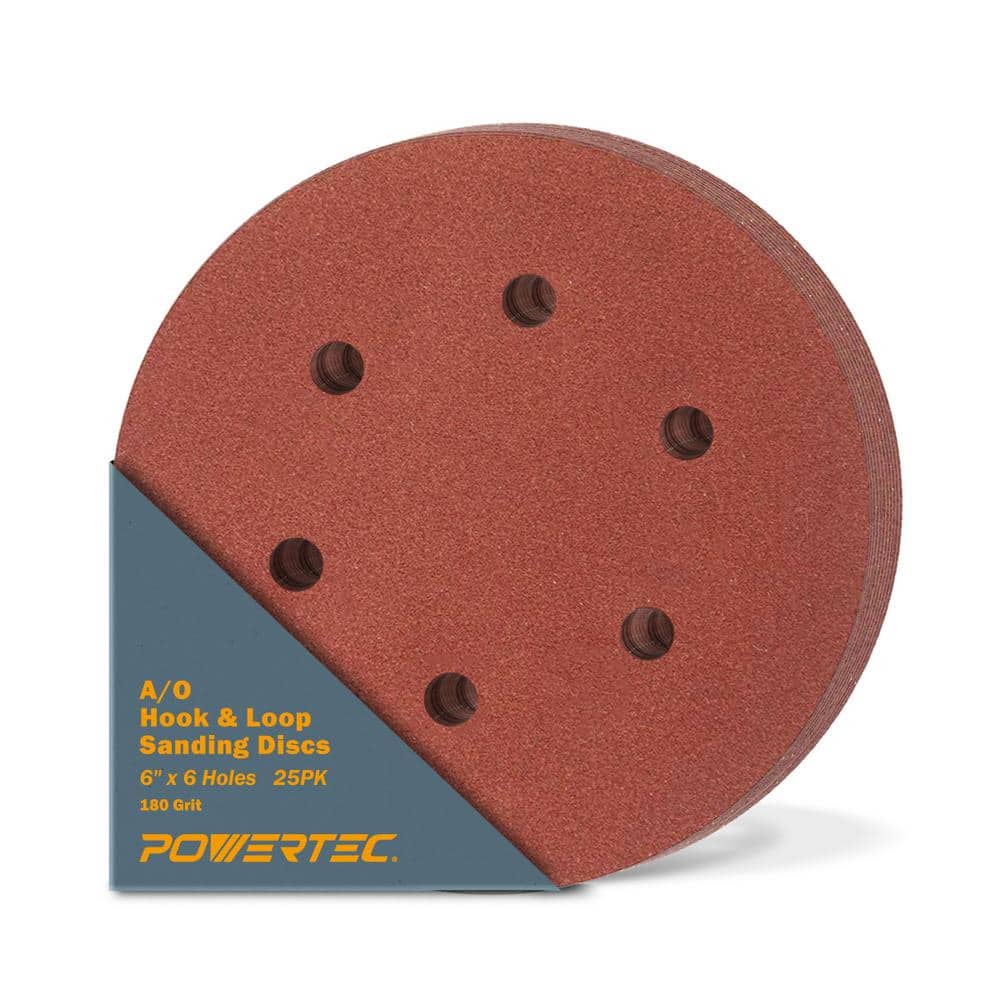 POWERTEC 6 in. 180-Grit Aluminum Oxide Hook and Loop 6-Hole Disc (25-Pack)