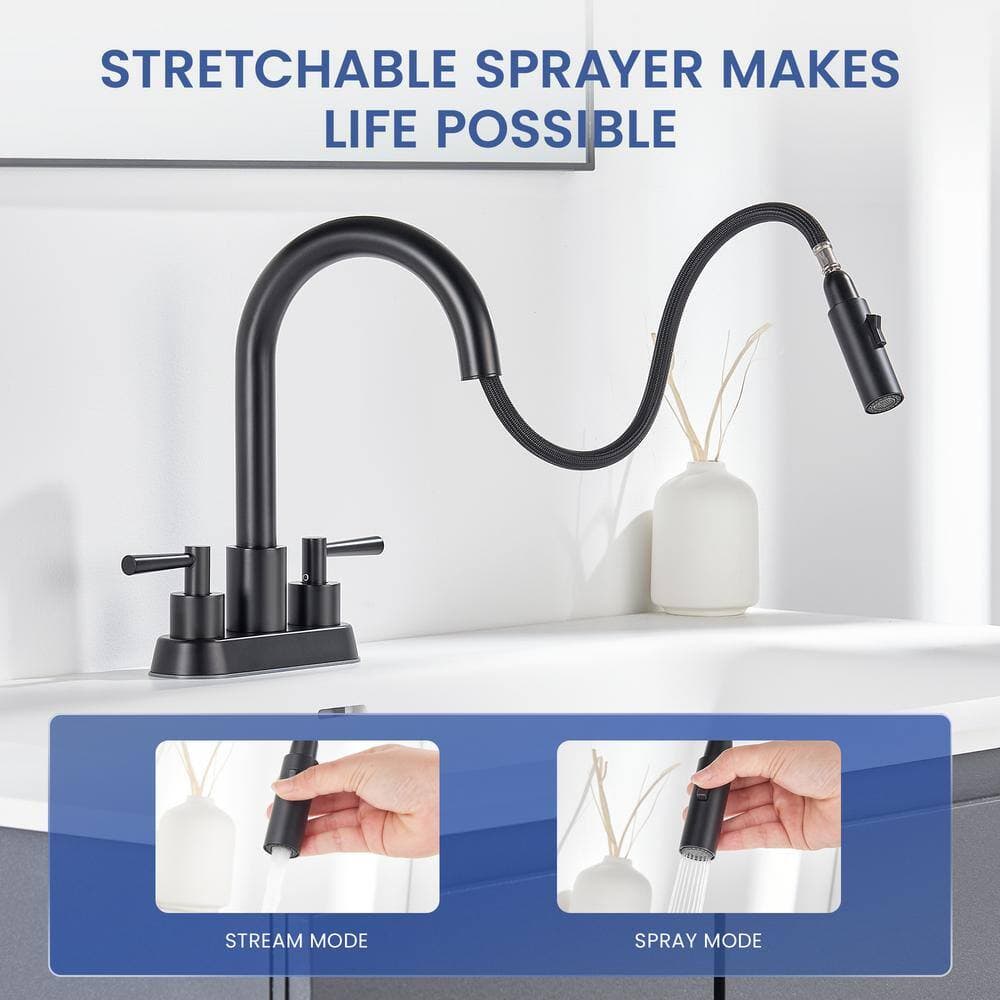 GAGALIFE 4 in. Centerset Double Handle High Arc Bathroom Sink Faucet with Pull Out Sprayer and Pop Up Drain in Matte Black (2)